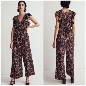NEW MADEWELL  Deep-V Ruffled Jumpsuit in Pampas Blooms Open Back Wide Leg Size S